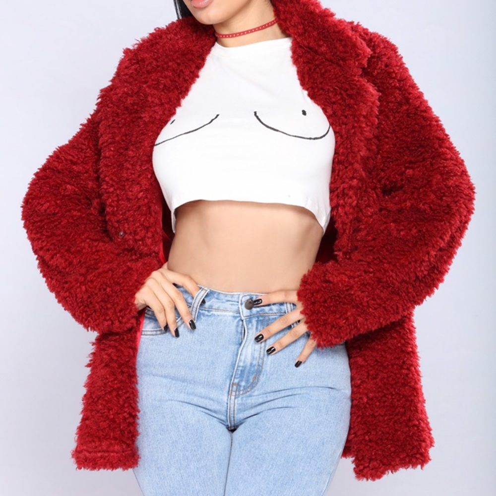 SEND OFFER Red fuzzy jacket with 2 button closure